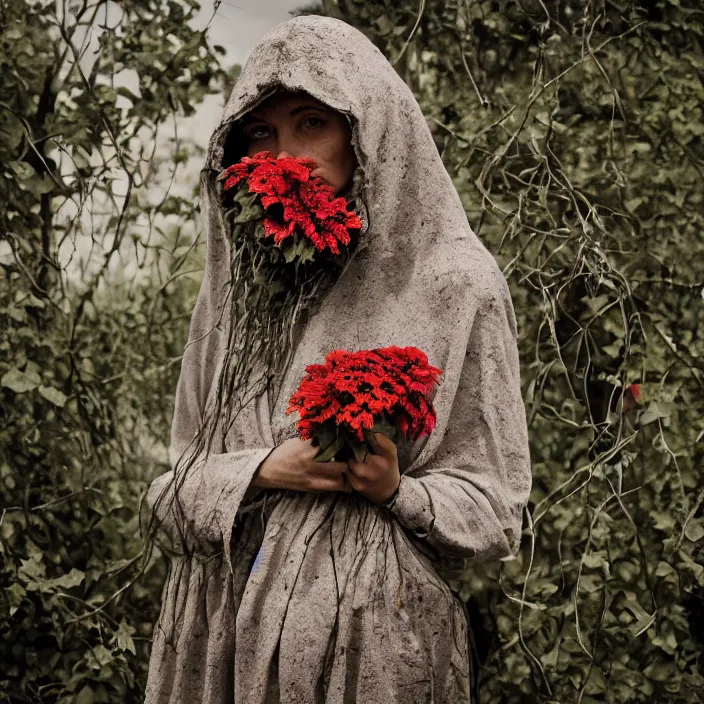 Image similar to a woman wearing a hooded cloak made of zinnias and barbed wire, in a derelict house, by Erik Almas, natural light, detailed face, CANON Eos C300, ƒ1.8, 35mm, 8K, medium-format print