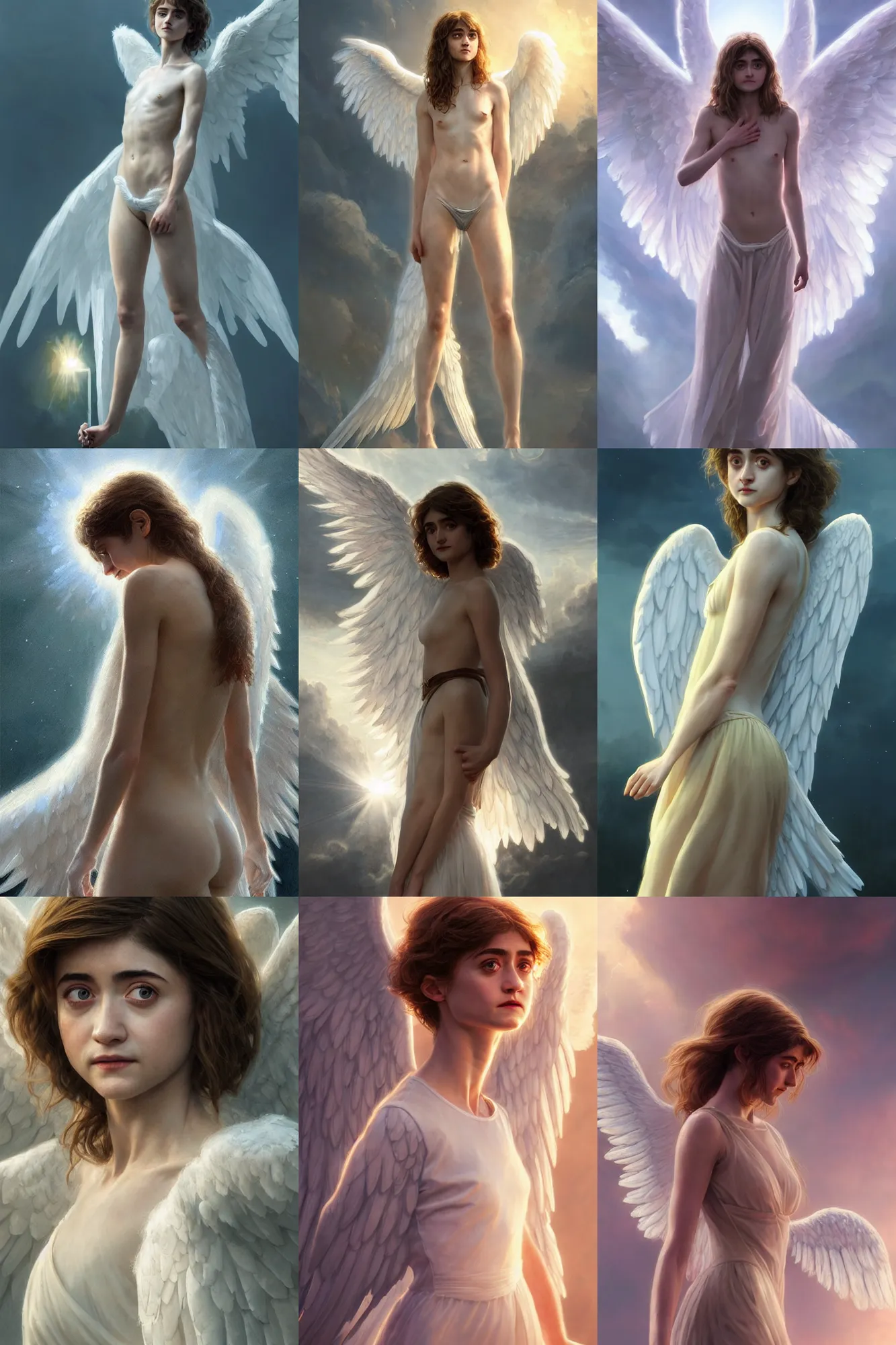 Prompt: natalia dyer as a heavenly angel, anatomy, bathing in light, highly detailed, photorealistic, artstation, smooth, sharp focus, illustration, unreal engine 5, 8 k, art by artgerm and greg rutkowski and edgar maxence