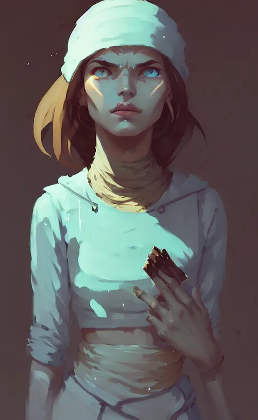 Image similar to female slavic healer by atey ghailan, by greg rutkowski, by simon stalenhag, by greg tocchini, by james gilleard, by joe fenton, by kaethe butcher dynamic lighting, gradient light blue, brown, blonde cream and white color scheme, grunge aesthetic