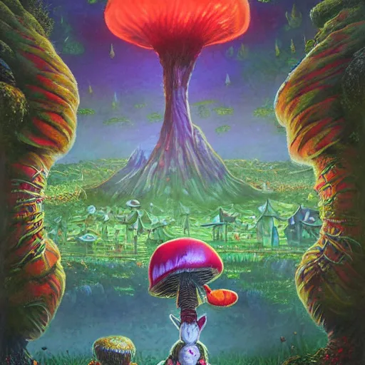 Image similar to 4 k headshot portrait of a psychedelic demonic anthropomorphic bunny rabbit with mushroom themed clothes, magic mushroom village in background by jeff easley, award winning, stylized neon, post - processing, masterpiece, superb resolution. in the art style of junji ito and greg rutkowski. detailed mushroom city in background. hyper realistic anime. perfect art. dalle 2