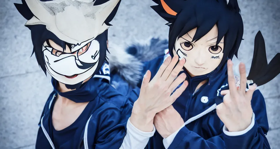 Image similar to Haikyuu Tendou Satori wearing mirrors-edge style clothes and a blue kitsune mask. DSLR Camera with a large sensor. Soft lighting and shadows. F/2.8 or f/4. ISO 1600. Shutter speed 1/60 sec. Lightroom.