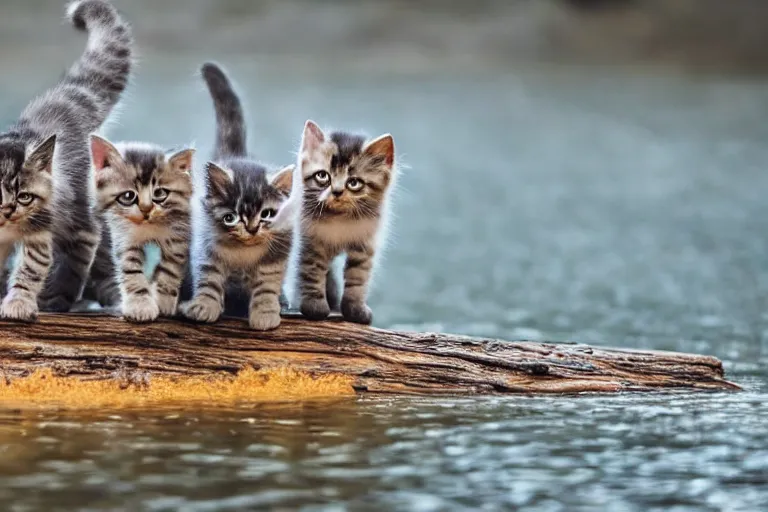 Image similar to kittens walking on a log that crosses a river