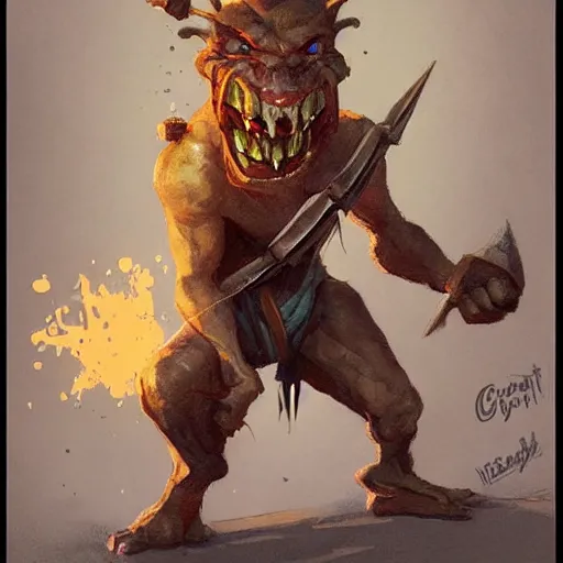 Image similar to crazy goblin with a slingshot, wearing a grenade belt, by Greg Rutkowski, in the style of magic the gathering