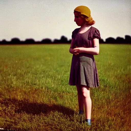 Prompt: technicolor. girl standing in a field. 1 9 3 0 s soft lighting