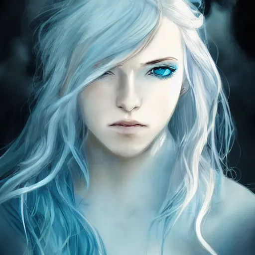 Image similar to woman, messy wavy white hair, light blue eyes, beautiful, portrait, d & d, character art, matte, sharp focus, illustration, concept art,