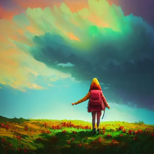 Image similar to giant daisy flower head, girl hiking in the mountains, surreal photography, sunrise, dramatic light, impressionist painting, colorful clouds, digital painting, artstation, simon stalenhag