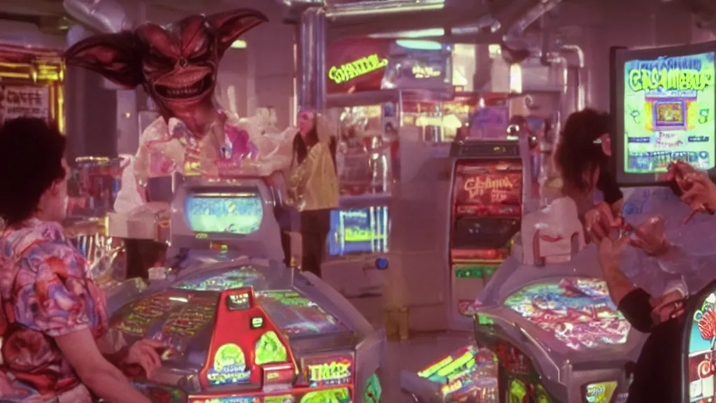 Prompt: Hyperreal Gremlins disguised as casino arcade machines dispense experimental ice cream vaccine derived from predator, xenomorph and furby goosebumps goo in downtown silicon valley, film still from banned media Gremlins 3 New World Order, directed by REDACTED circa 1992 | text reads \'Gremlins 3 New World Order\' | Gremlins