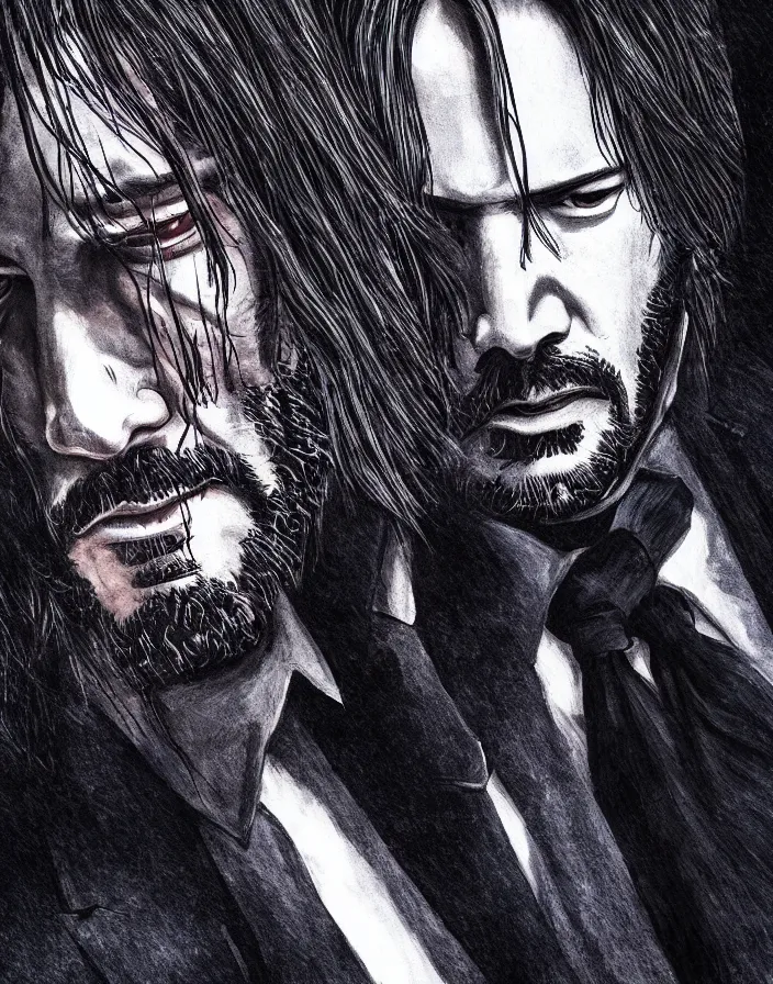 Prompt: Keanu reeves as john wick by kentaro miura,