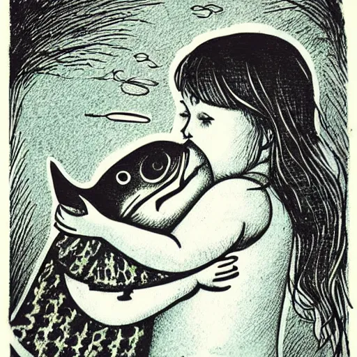 Image similar to the same style. the most beautiful little fat sweet girl is kissing a huge colorful cute fish. modern etching. colored print. hype realistic scene.