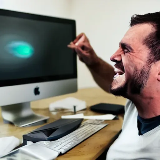 Prompt: a man with bloodshot eyes pointing at his computer screen and laughing