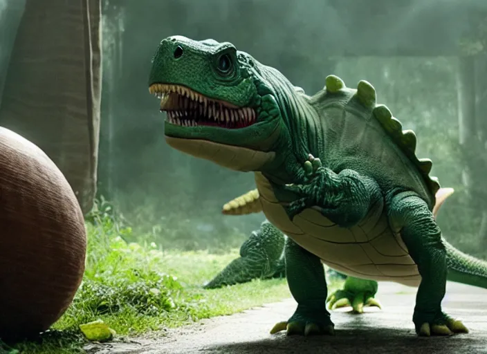 Prompt: film still of real life dinosaur turtle yoshi in the new sci - fi movie, 8 k