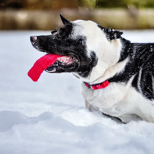Image similar to detailed picture of a dog playing in the snow dressed as a fish 8 k