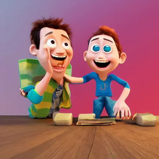 Image similar to illustration of two happy people exchanging items, pixar - style, 3 d render