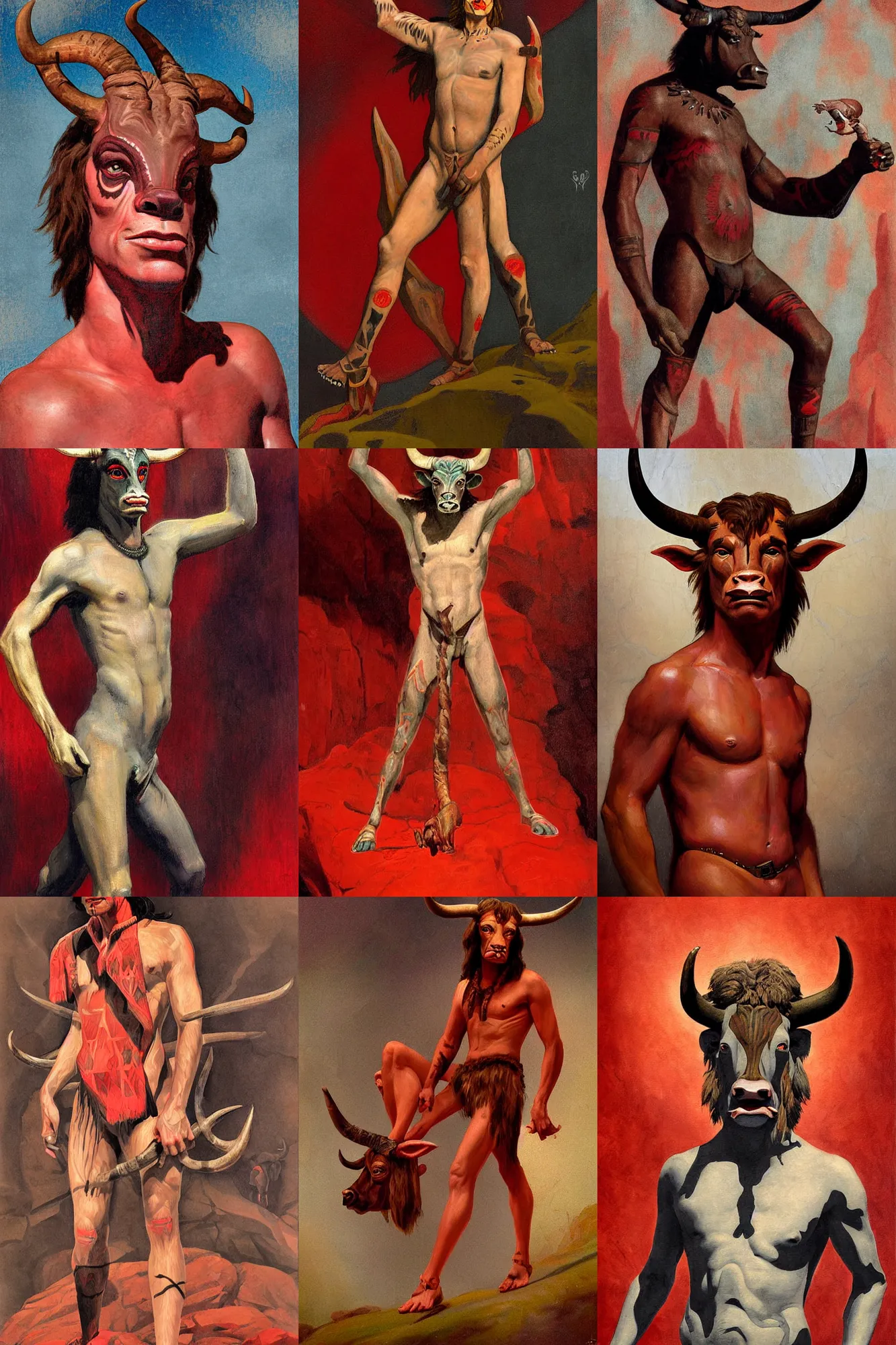 Prompt: midjourney art style art deco shaded painted full body illustration of a male minotaur with glowing tribal skin markings in a dark cave environment with a bovine head, painterly, detailed by solomon joseph solomon and richard schmid and jeremy lipking victorian genre painting portrait painting of mick jagger in fantasy costume, red background by ralph mcquarrie