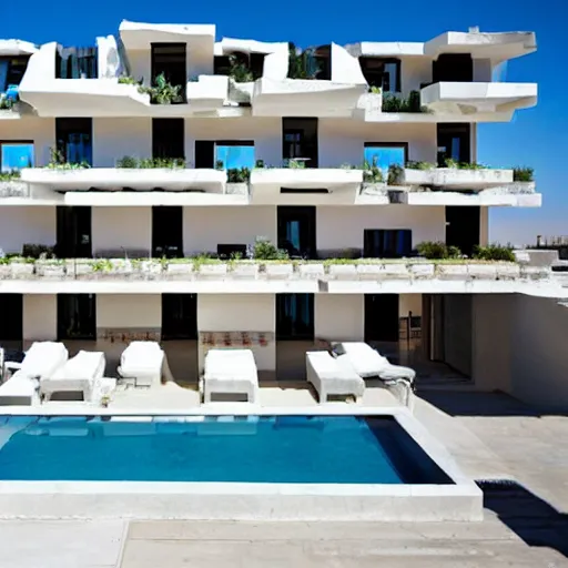Image similar to habitat 6 7, white lego terraced architecture hotel in the dessert, many plants and infinite pool