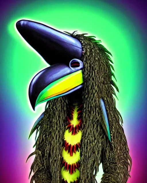 Prompt: realistic bipedal alligator character, long curly fur, full skull shaped face cover, mage robe based on a toucan, 6 toucan beaks, in the style of tim burton, stylized, video animation, hogwarts legacy, chromatic aberration, super natural, neon glow