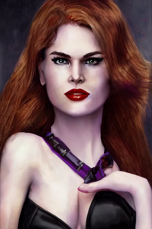 Image similar to mix of beautiful young maria shriver, mariel hemmingway, brooke shields, nicole kidman and elle macpherson as a dominatrix, thin lips, hair tied up in a pony tail, dark blonde hair, colorful, deviantart, artstation, cgsociety