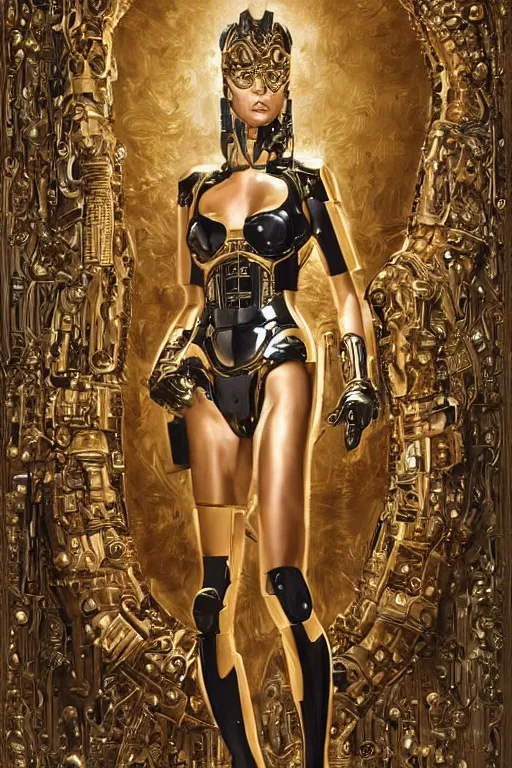 Prompt: portrait of christine turlington as warrior of dark futuristic robotic world, by hajime sorayama, mysticism, intricate, highly ornate dark gold trim armoury