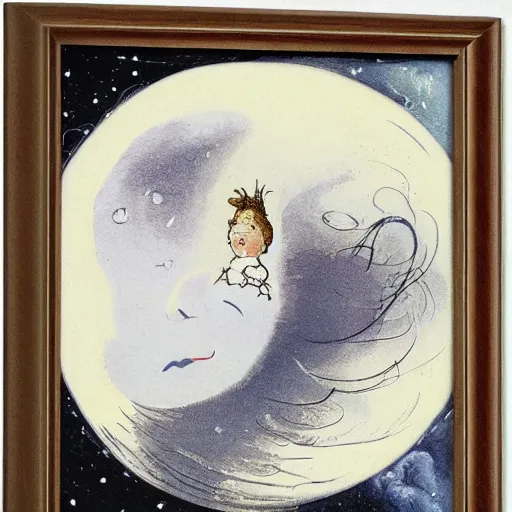 Image similar to celestial smiling moon candid portrait, surrounded by clouds, illustrated by peggy fortnum and beatrix potter and sir john tenniel