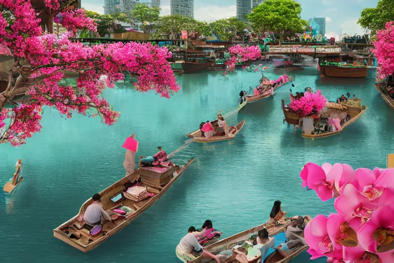 Image similar to floating markets of singapore river along boat quay turquoise and pink river during orchid tree season on thermal waters flowing down white travertine terraces during interstellar aurora borealis, gold waterfalls, vendors, festivals, fun, by peter mohrbacher, james jean, james gilleard, greg rutkowski, vincent di fate, rule of thirds, octane render, beautiful landscape