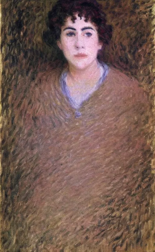 Image similar to portrait by claude monet!! of a woman!! looking at us, brown short hair, slight blush on face! forest!!!