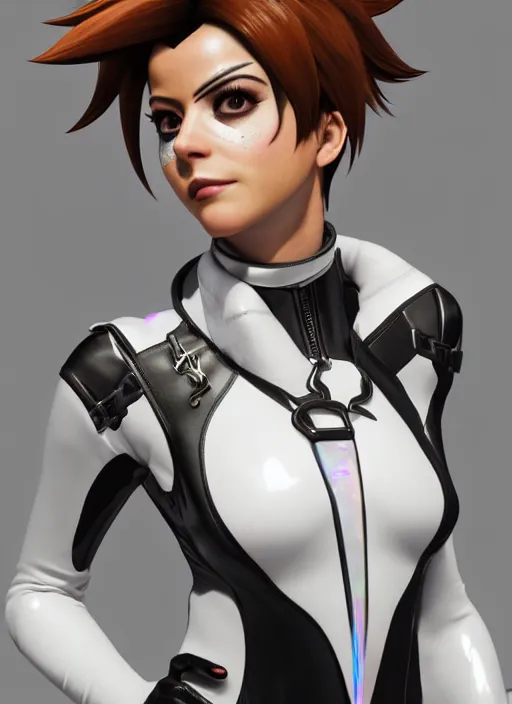 Image similar to portrait bust digital artwork of tracer overwatch, wearing white iridescent rainbow latex and leather straps catsuit outfit, 4 k, expressive happy smug expression, makeup, in style of mark arian, angel wings, wearing detailed black leather collar, chains, black leather harness, detailed face and eyes,