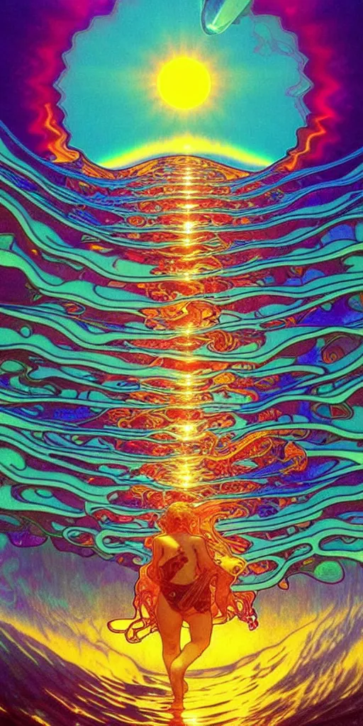 Image similar to ocean wave around psychedelic mushroom, dmt water, lsd ripples, backlit, sunset, refracted lighting, art by collier, albert aublet, krenz cushart, artem demura, alphonse mucha