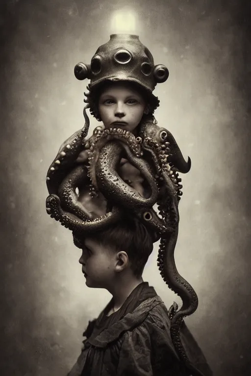 Image similar to wet plate photograph portrait of child with an octopus head, dressed in a victorian - era clothing, dramatic lighting, highly detailed, digital painting, artstation, concept art, smooth, sharp focus, illustration, art by wlop, mars ravelo and greg rutkowski