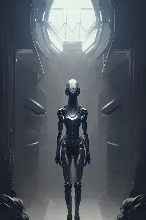 Image similar to professional concept art portrait of a predatory robotic species in a dark room by artgerm and greg rutkowski. an intricate, elegant, highly detailed digital painting, concept art, smooth, sharp focus, illustration, in the style of cam sykes.