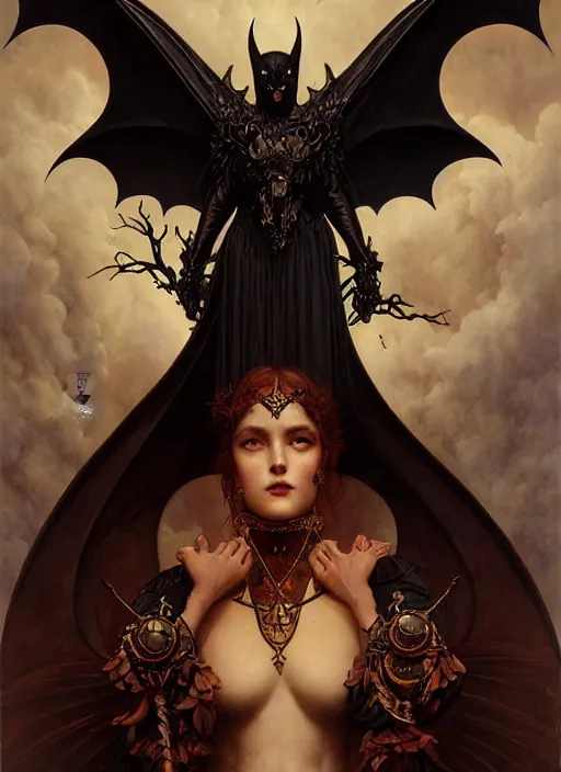 Image similar to majestic satanic bat wing black armored evil man movie poster, art style by edmund leighton, tom bagshaw, alphonse mucha, exquisite digital art, haunting, masterpiece, organic painting, photorealistic, ornate and hyper detailed