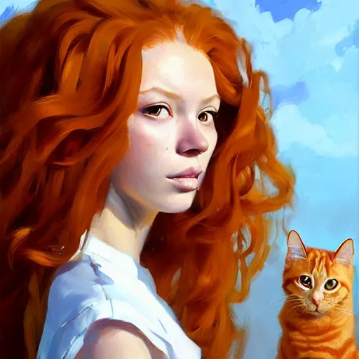 Image similar to greg manchess portrait painting of ginger girl!!! long curly hair!! evil, sad! with a ginger cat as overwatch character, medium shot, asymmetrical, profile picture, organic painting, sunny day, matte painting, bold shapes, hard edges, street art, trending on artstation, by huang guangjian and gil elvgren and sachin teng