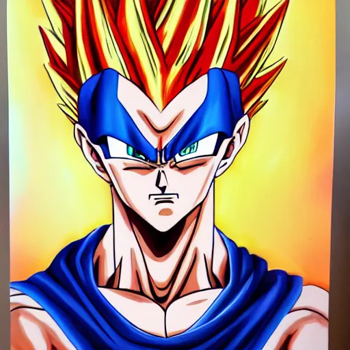 Image similar to oil paint of a fusion of old vegeta and trunks, gogeta, realistic painting, non anime, 4 k, detailed, full body, painting, on paper, paint smears, smooth, by a oil painter