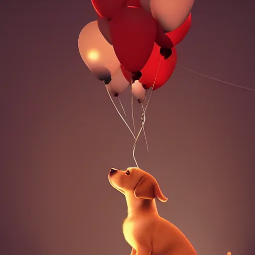 Image similar to puppy flying holding balloons, 8k, fantasy, intricate, cinematic lighting, highly detailed, digital painting, artstation, concept art, smooth, sharp focus, illustration, by Pixar