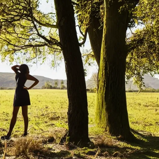 Image similar to a woman standing close to a tree