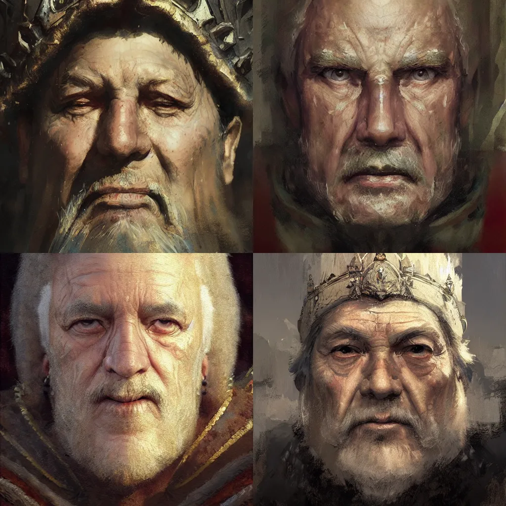 Prompt: face portrait of a medieval old king, painting by craig mullins, octane rendering, wide angle lens, in the style of hayao miyazaki, trending on artstation