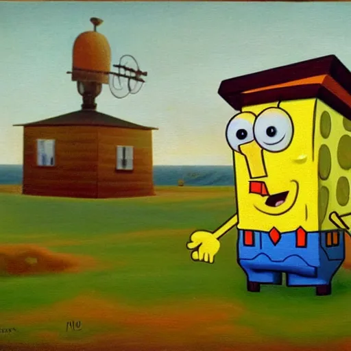 Image similar to a grant wood painting of spongebob squarepants, oil on canvas, art