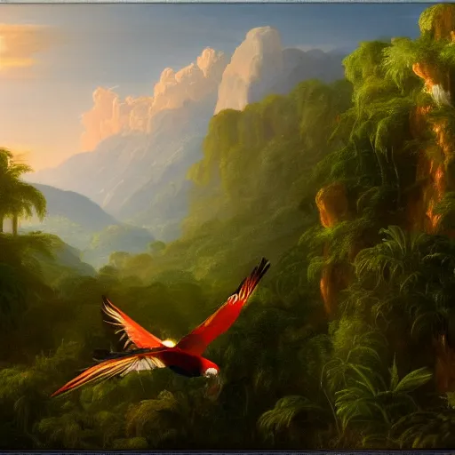 Image similar to gorgeous macaws flying at dawn in the distance through the forest, jungle mountains in the background, sentient bird, highly detailed, heavenly lighting, trending on art station, very detailed birds, painting by thomas cole
