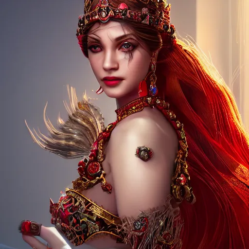 Prompt: photograph of wonderful princess with smooth fair skin, alluring eyes, red jewelry, breathtaking, elegant, ornate, intricate, hyper detailed, accent lighting, dramatic light, 4 k octane render