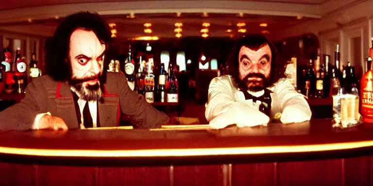 Prompt: stanley kubrick dressed as the Shining bar tender at the overlook hotel's gold room bar, shot on digital by Cinematographer John Alcott on a wide angle 9.8mm kinoptik lens