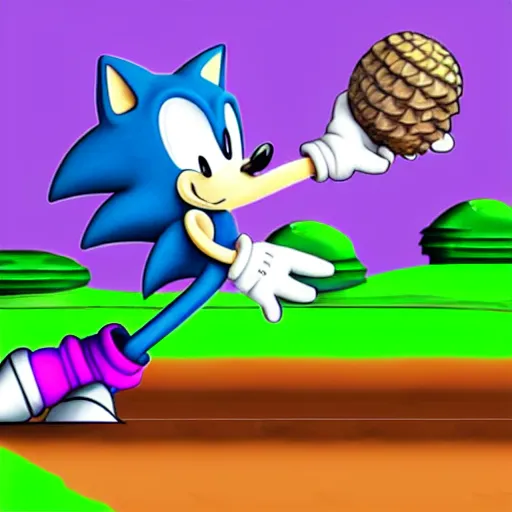 Image similar to Sonic but he’s a purple pangolin racing through green hill zone