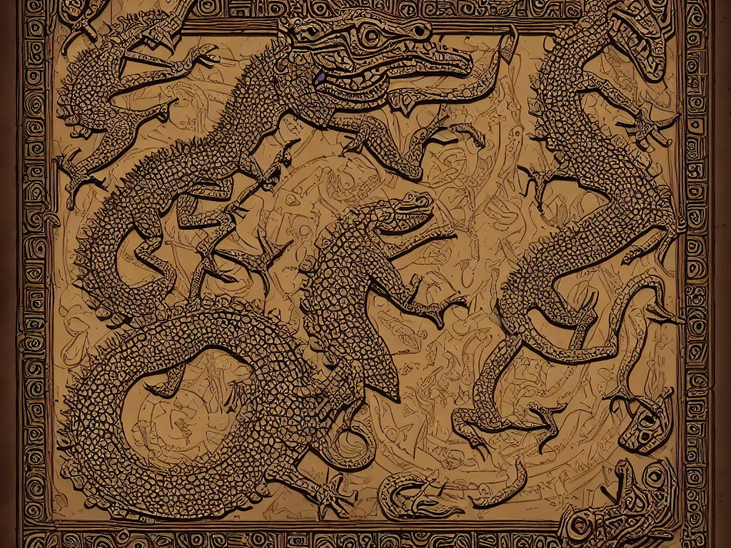 Prompt: pre - columbian mesoamerican book decorative border frame, crocodile reptilian motifs, d & d, fantasy, intricate, elegant, highly detailed, digital painting, artstation, illustration, hearthstone