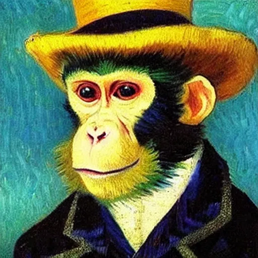 Image similar to a beautiful oil painting of a monkey in a blue top hat , 8k , award winning , made in 1800's , old , painted by vincent van gogh