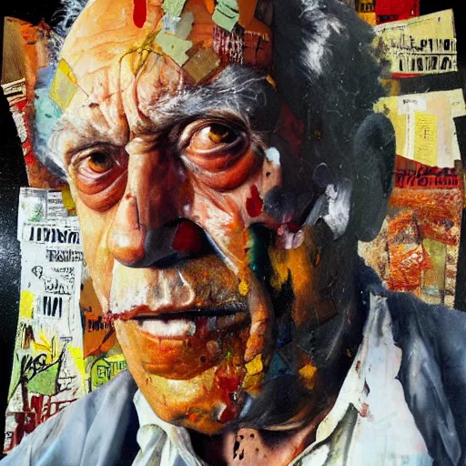 Image similar to hyperrealistic, photorealistic, mixed media oil painting of charles bukowski, magazine scraps, plaster, blood, oil, mustard, cigarettes, splatter, trending on artstation, award - winning painting, greg rutkowski, basquiat, ralph steadman, terry gilliam