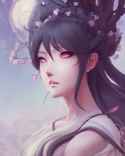 Image similar to character concept art of an anime goddess of trees | | cute - fine - face, pretty face, realistic shaded perfect face, fine details by stanley artgerm lau, wlop, rossdraws, james jean, andrei riabovitchev, marc simonetti, and sakimichan, tranding on artstation