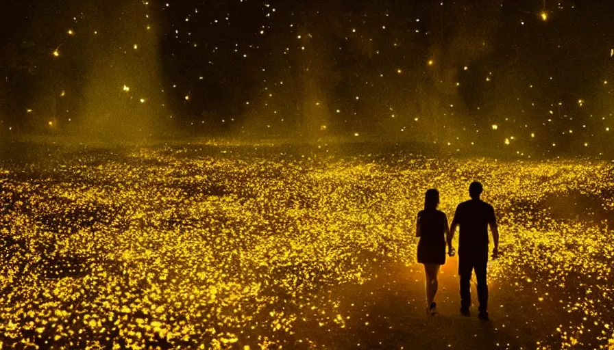 Image similar to a couple walking in the middle of fireflies the color of the moon, cinematic lighting, wow, establishing shot