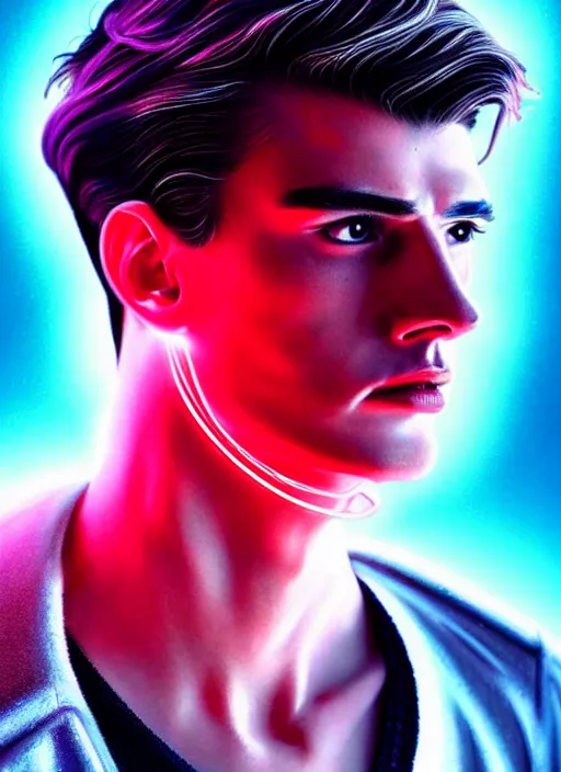 Image similar to a highly detailed long shot photo of masculin male face portrait, futurism, rococo cyber neon lighting, detailed futuristic fibonacci jewelry, profile posing, hyper photorealistic, crispy quality, digital photography, trending in pinterest, cinematic, 4 k ultra hd, art by pascal blanche, art by greg rutkowski, art by artgerm,