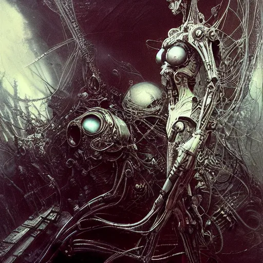 Image similar to biomechanical cyborg, cyberpunk noir by gustave dore and gustave moreau and beksinski and giger and craig mullins and jeremy mann