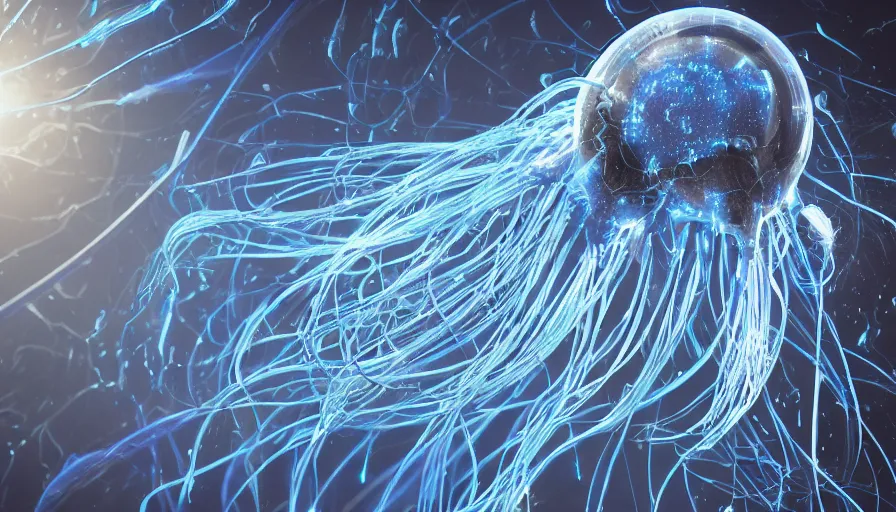 Image similar to Cybernetic Jellyfish with Blue Pulsating strands of light, Digital Art, Rendering, Octane, Redshift