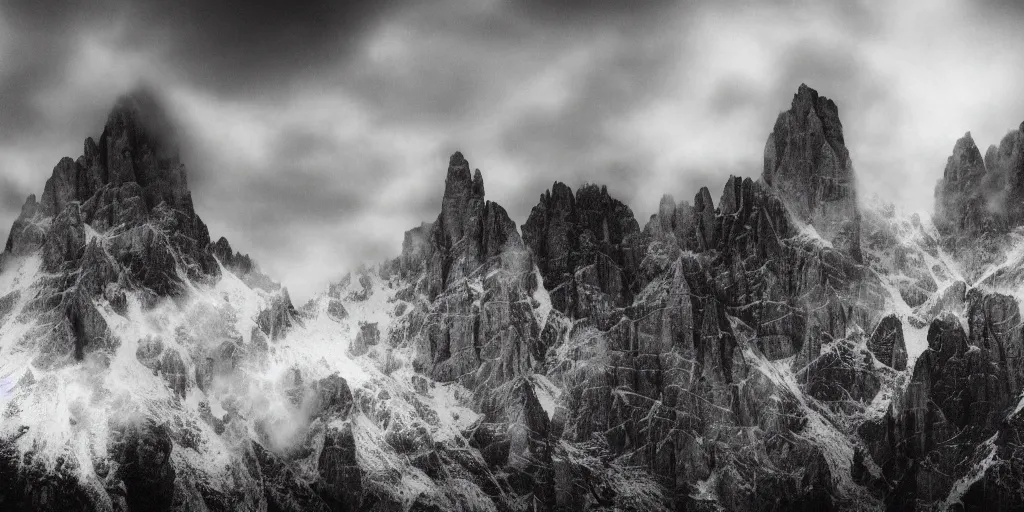 Prompt: cloudkrampus, dolomites, pastures, alps, alp, star rain, dark, eerie, despair, 1 9 2 0 s photography, black and white, grainy, eerie, artstation, highly detailed, sharp focus, by cronneberg