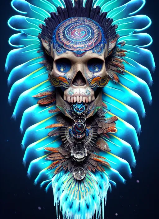 Image similar to 3 d shaman with tattoos profile portrait, sigma 5 0 0 mm f / 5. beautiful intricate highly detailed quetzalcoatl skull and feathers. bioluminescent, gradient background, plasma, frost, water, wind, creature, thunderstorm! artwork by tooth wu and wlop and beeple and greg rutkowski, 8 k trending on artstation,